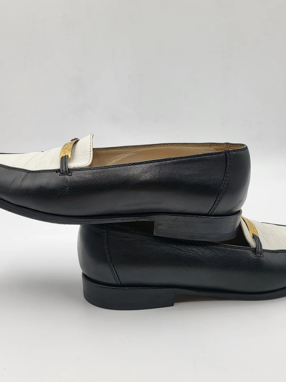 CHANEL Two-Tone Leather Loafers in Black & White. Authentic...